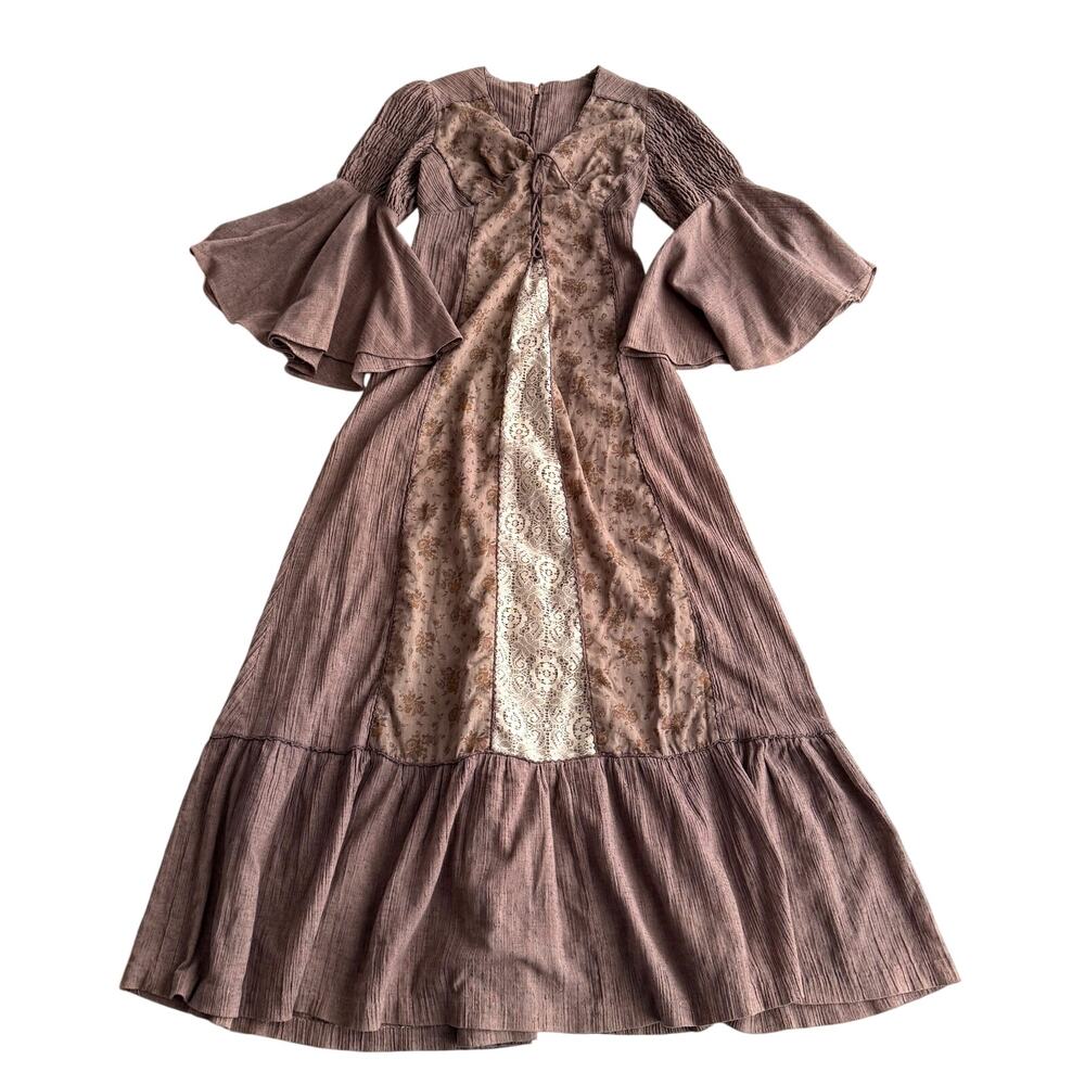 Handmade VTG Historical Bell Sleeve Regency Prairie Laced Bodice‎ Long Dress S